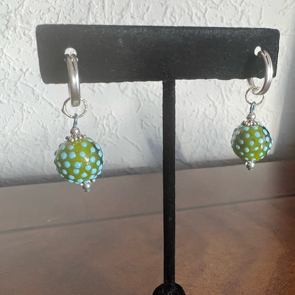 Green and blue Polka dot earrings with a sterling silver hinged earring back